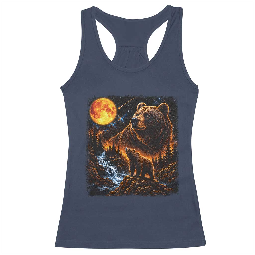 Bear Howling at The Moon 90s Retro Racerback Tank Top Waterfall Celestial Orange Moon Wildlife Graphic