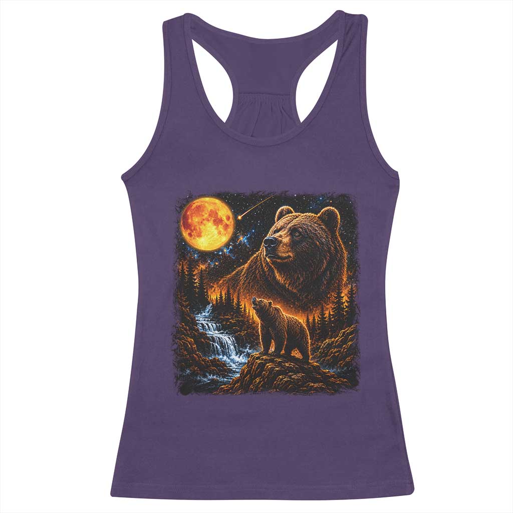 Bear Howling at The Moon 90s Retro Racerback Tank Top Waterfall Celestial Orange Moon Wildlife Graphic