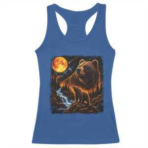 Bear Howling at The Moon 90s Retro Racerback Tank Top Waterfall Celestial Orange Moon Wildlife Graphic