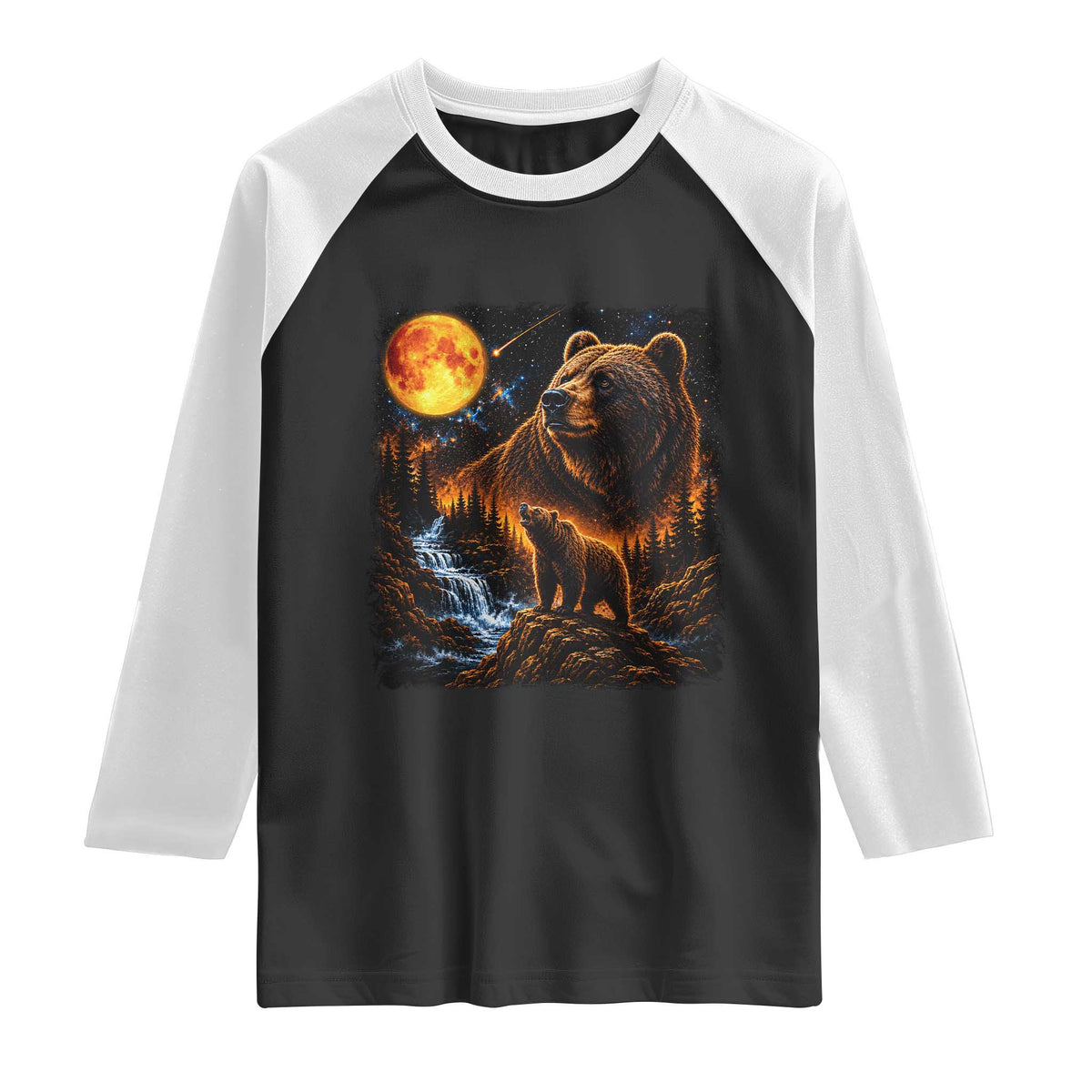 Bear Howling at The Moon 90s Retro Raglan Shirt Waterfall Celestial Orange Moon Wildlife Graphic