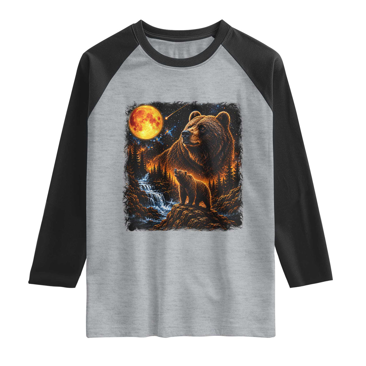 Bear Howling at The Moon 90s Retro Raglan Shirt Waterfall Celestial Orange Moon Wildlife Graphic