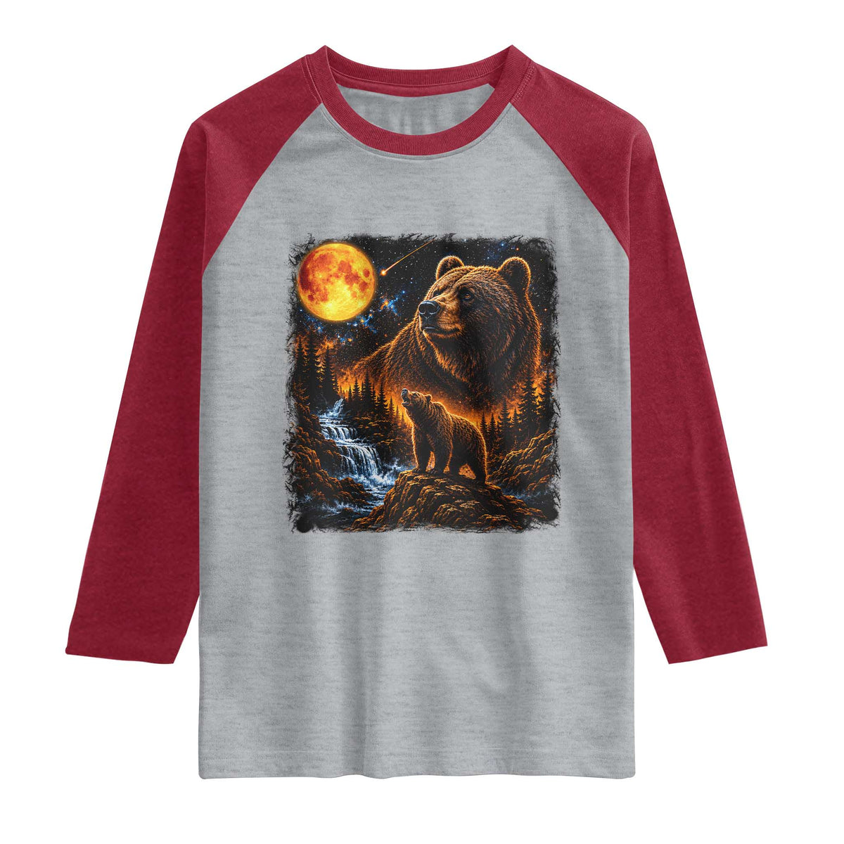 Bear Howling at The Moon 90s Retro Raglan Shirt Waterfall Celestial Orange Moon Wildlife Graphic
