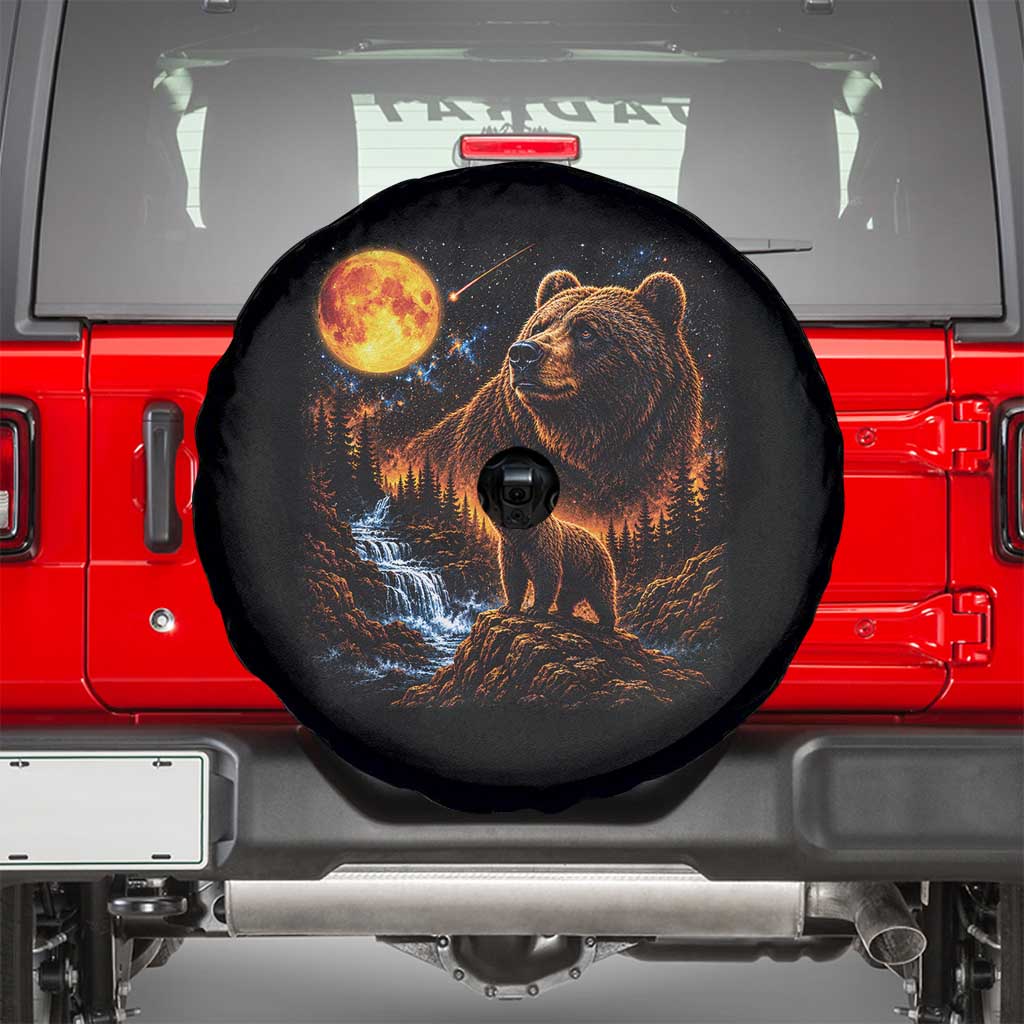 Bear Howling at The Moon 90s Retro Spare Tire Cover Waterfall Celestial Orange Moon Wildlife Graphic