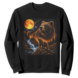 Bear Howling at The Moon 90s Retro Sweatshirt Waterfall Celestial Orange Moon Wildlife Graphic