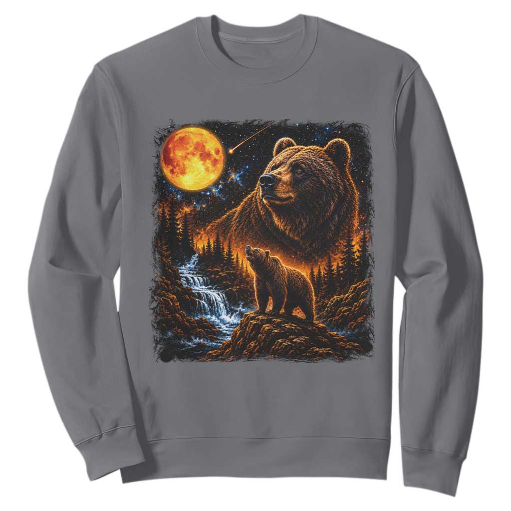 Bear Howling at The Moon 90s Retro Sweatshirt Waterfall Celestial Orange Moon Wildlife Graphic