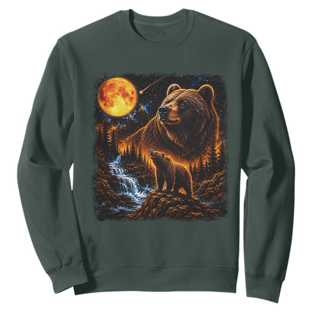 Bear Howling at The Moon 90s Retro Sweatshirt Waterfall Celestial Orange Moon Wildlife Graphic