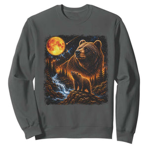 Bear Howling at The Moon 90s Retro Sweatshirt Waterfall Celestial Orange Moon Wildlife Graphic