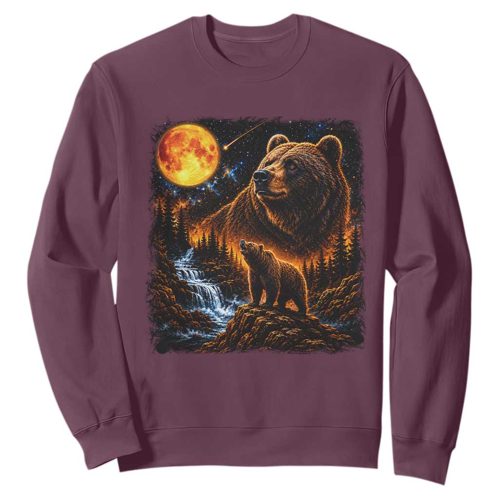 Bear Howling at The Moon 90s Retro Sweatshirt Waterfall Celestial Orange Moon Wildlife Graphic