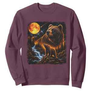 Bear Howling at The Moon 90s Retro Sweatshirt Waterfall Celestial Orange Moon Wildlife Graphic