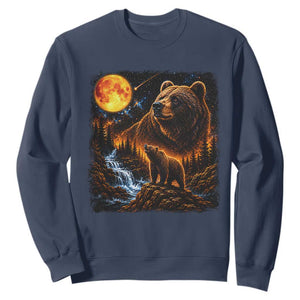Bear Howling at The Moon 90s Retro Sweatshirt Waterfall Celestial Orange Moon Wildlife Graphic