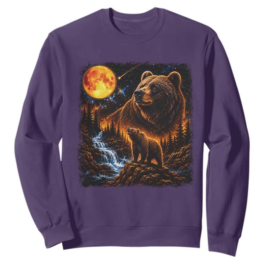 Bear Howling at The Moon 90s Retro Sweatshirt Waterfall Celestial Orange Moon Wildlife Graphic