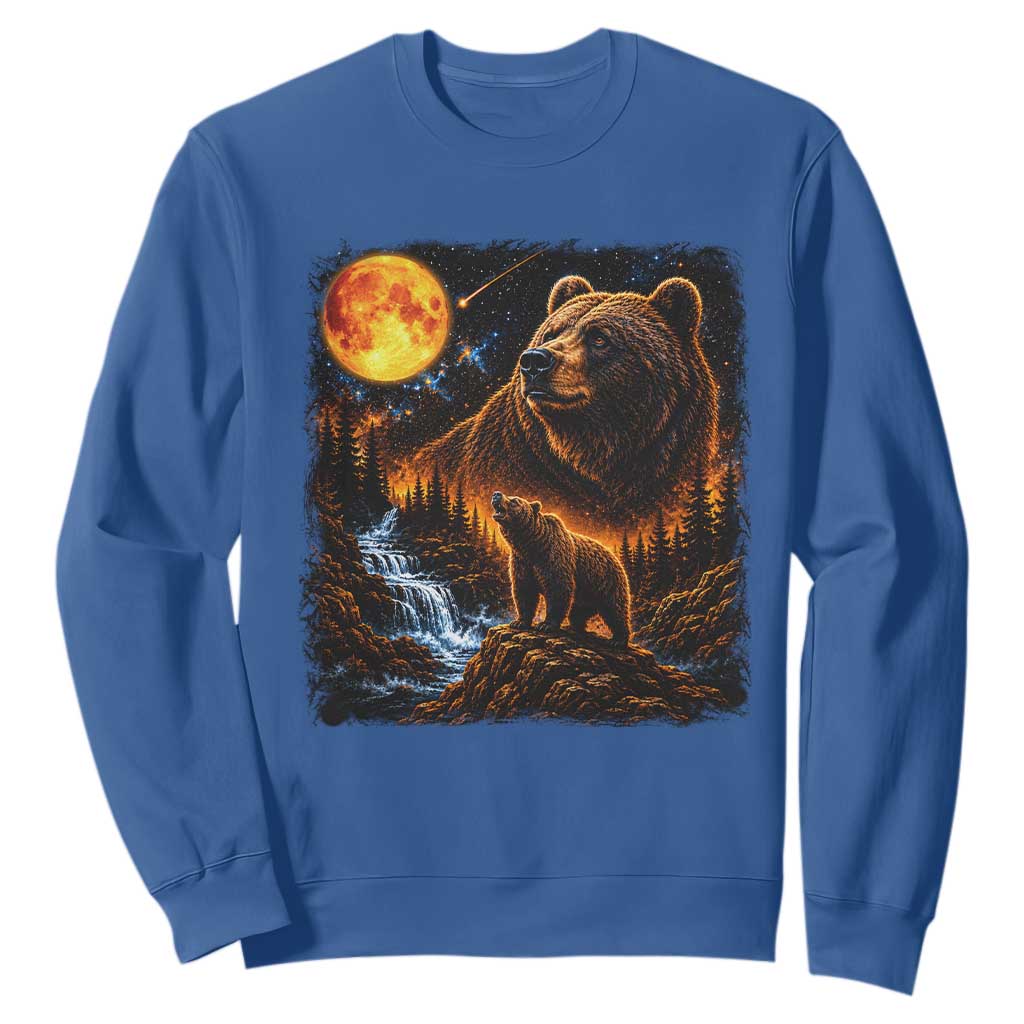 Bear Howling at The Moon 90s Retro Sweatshirt Waterfall Celestial Orange Moon Wildlife Graphic