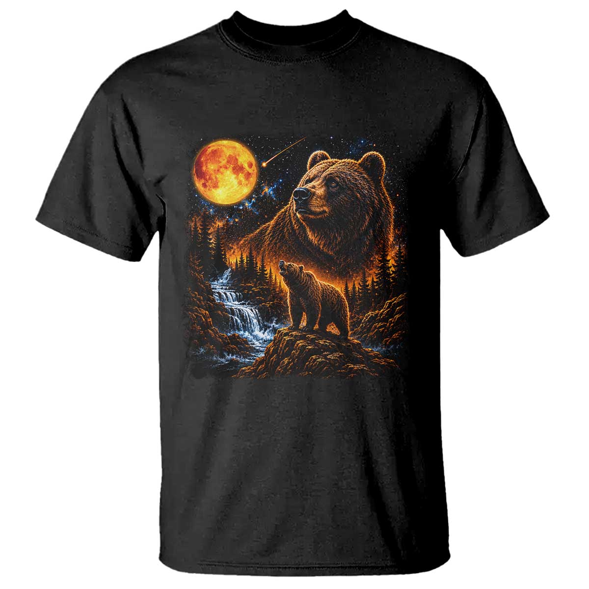 Bear Howling at The Moon 90s Retro T Shirt Waterfall Celestial Orange Moon Wildlife Graphic