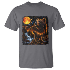 Bear Howling at The Moon 90s Retro T Shirt Waterfall Celestial Orange Moon Wildlife Graphic