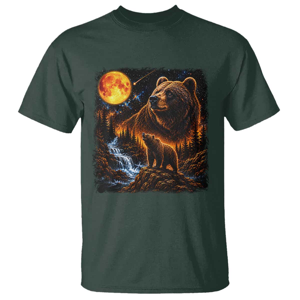 Bear Howling at The Moon 90s Retro T Shirt Waterfall Celestial Orange Moon Wildlife Graphic