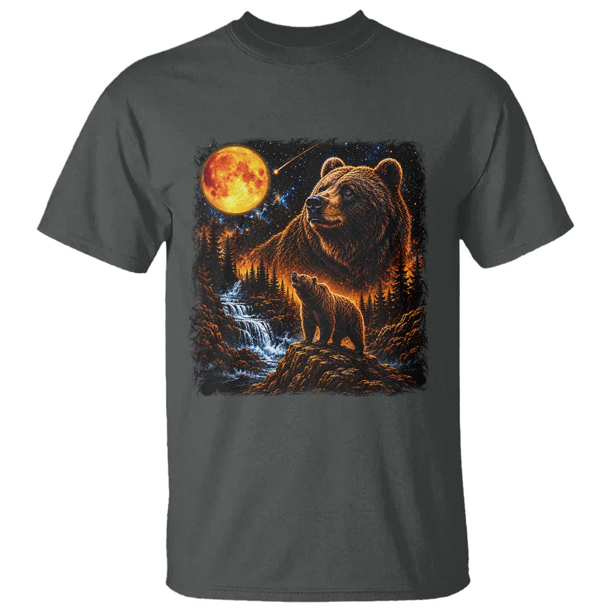 Bear Howling at The Moon 90s Retro T Shirt Waterfall Celestial Orange Moon Wildlife Graphic