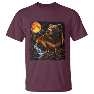 Bear Howling at The Moon 90s Retro T Shirt Waterfall Celestial Orange Moon Wildlife Graphic