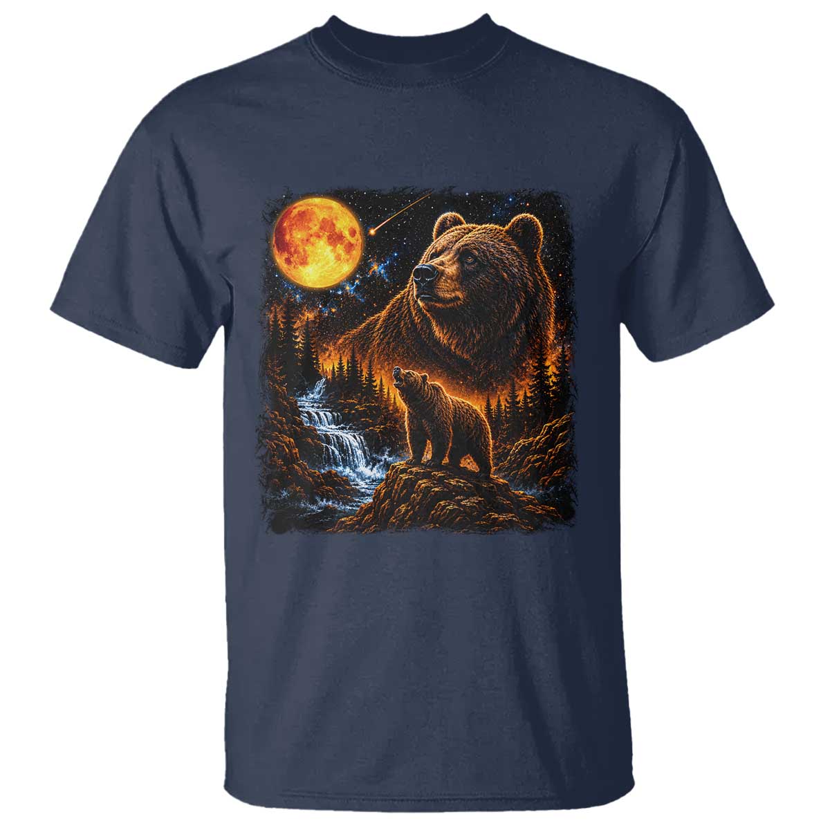Bear Howling at The Moon 90s Retro T Shirt Waterfall Celestial Orange Moon Wildlife Graphic