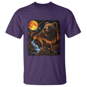 Bear Howling at The Moon 90s Retro T Shirt Waterfall Celestial Orange Moon Wildlife Graphic