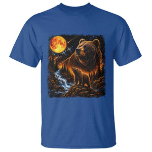 Bear Howling at The Moon 90s Retro T Shirt Waterfall Celestial Orange Moon Wildlife Graphic