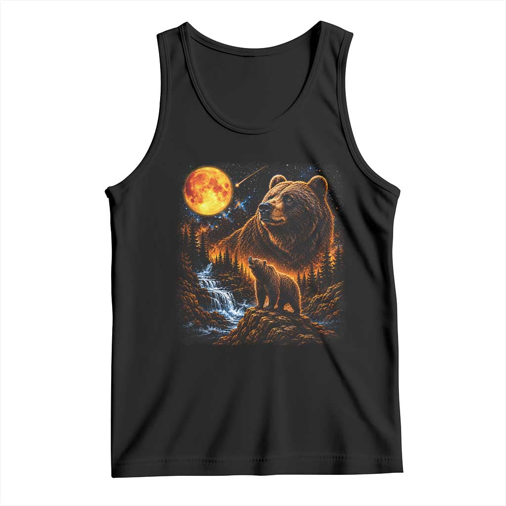 Bear Howling at The Moon 90s Retro Tank Top Waterfall Celestial Orange Moon Wildlife Graphic