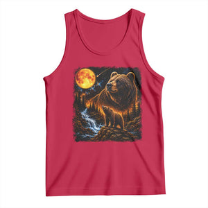 Bear Howling at The Moon 90s Retro Tank Top Waterfall Celestial Orange Moon Wildlife Graphic