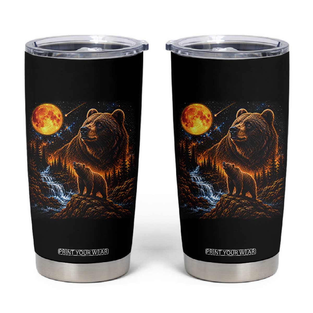 Bear Howling at The Moon 90s Retro Tumbler Cup Waterfall Celestial Orange Moon Wildlife Graphic