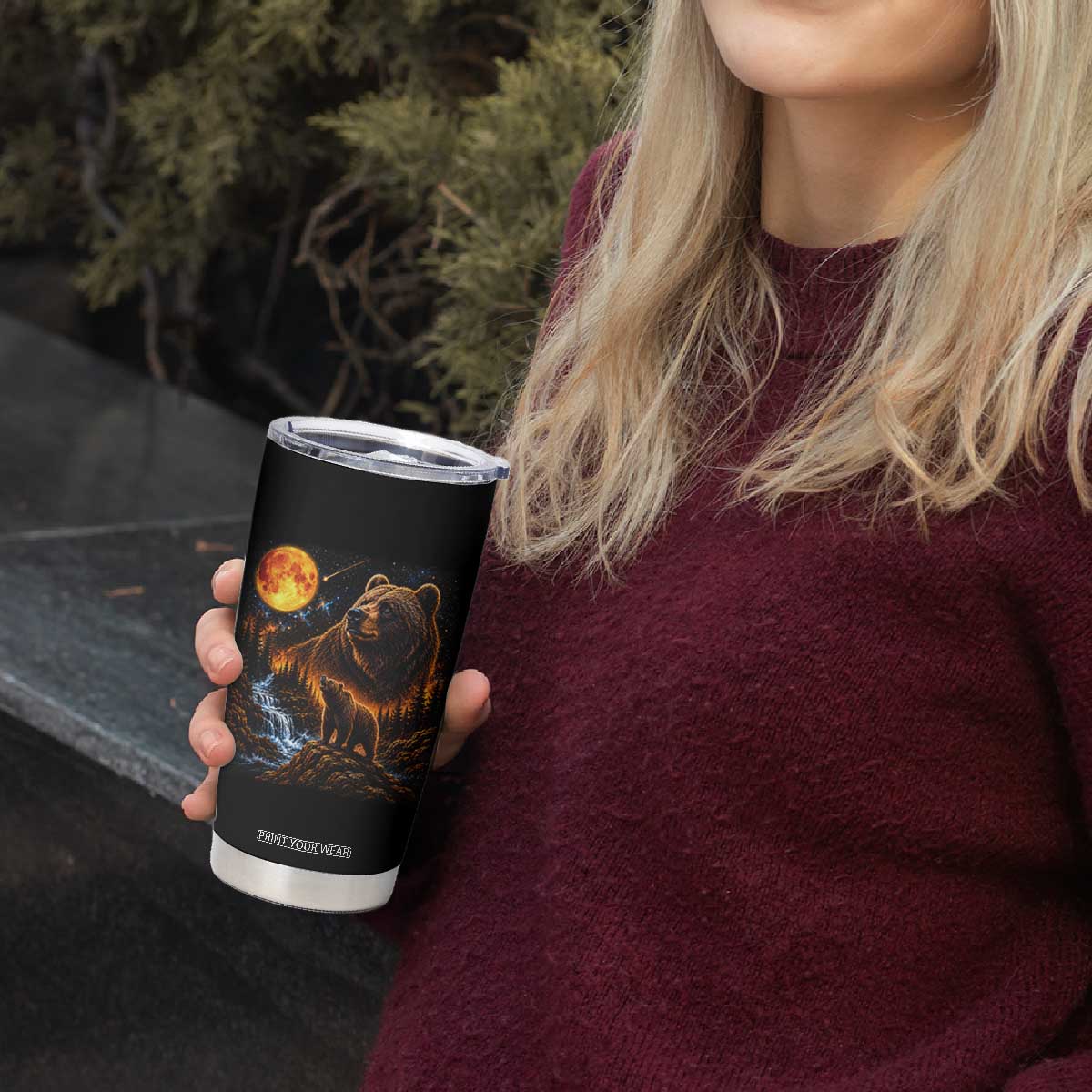 Bear Howling at The Moon 90s Retro Tumbler Cup Waterfall Celestial Orange Moon Wildlife Graphic