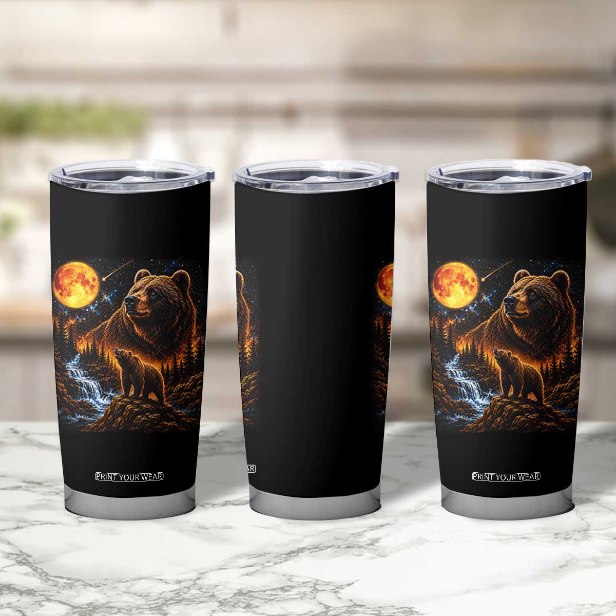 Bear Howling at The Moon 90s Retro Tumbler Cup Waterfall Celestial Orange Moon Wildlife Graphic