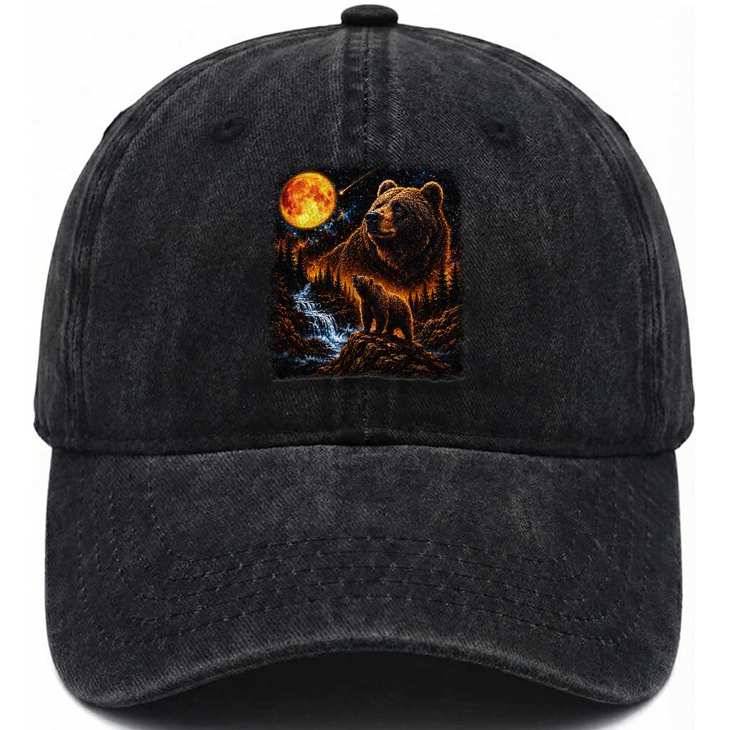 Bear Howling at The Moon 90s Retro Washed Cotton Baseball Cap Waterfall Celestial Orange Moon Wildlife Graphic