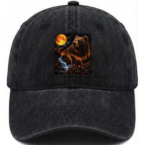 Bear Howling at The Moon 90s Retro Washed Cotton Baseball Cap Waterfall Celestial Orange Moon Wildlife Graphic