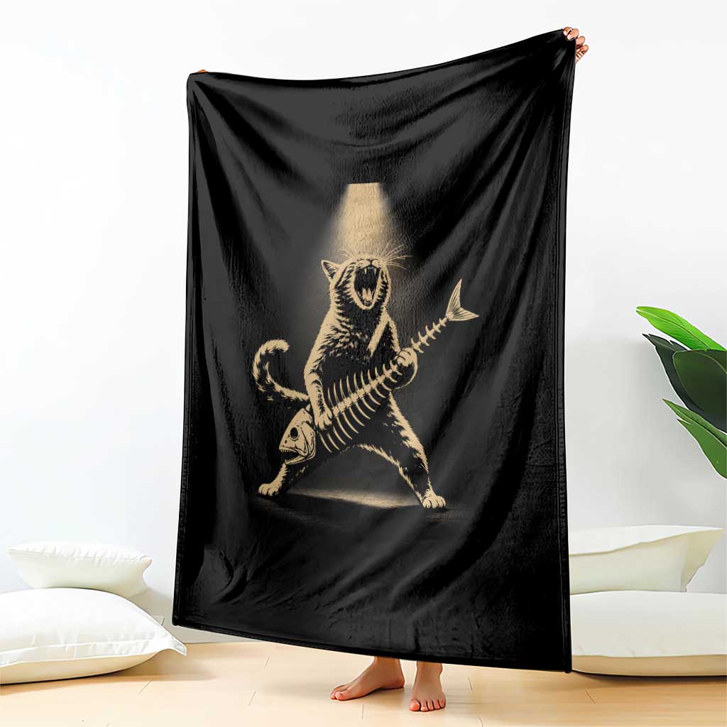 Rocker Cat Playing Fishbone Guitar Heavy Metal Musician Graphic Throw Blanket