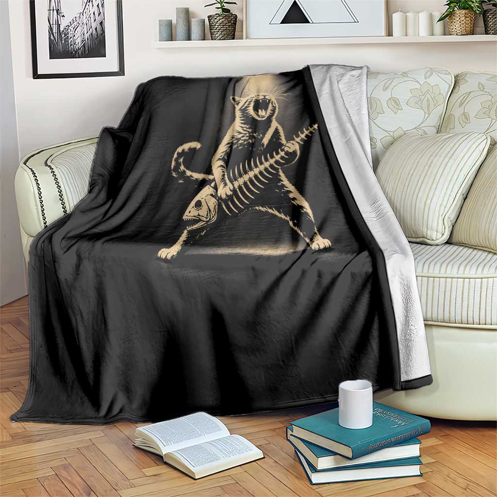 Rocker Cat Playing Fishbone Guitar Heavy Metal Musician Graphic Throw Blanket