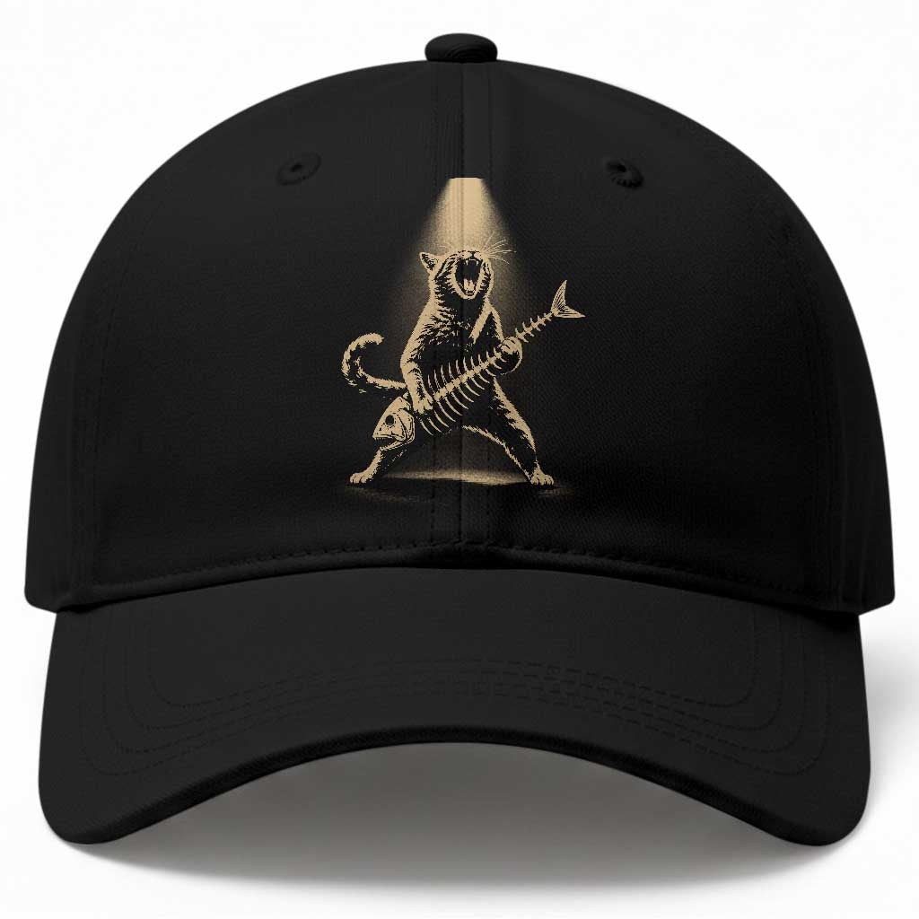 Rocker Cat Playing Fishbone Guitar Heavy Metal Musician Graphic Baseball Cap