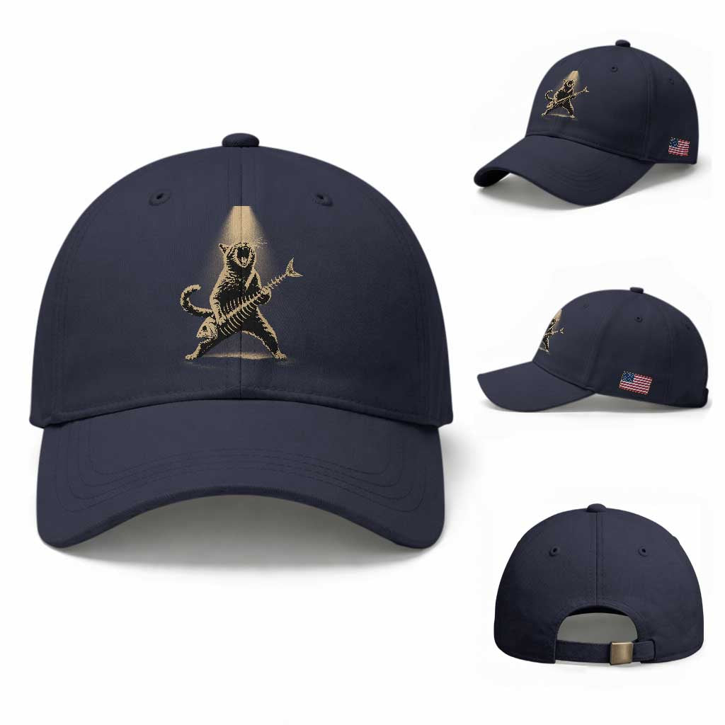 Rocker Cat Playing Fishbone Guitar Heavy Metal Musician Graphic Baseball Cap