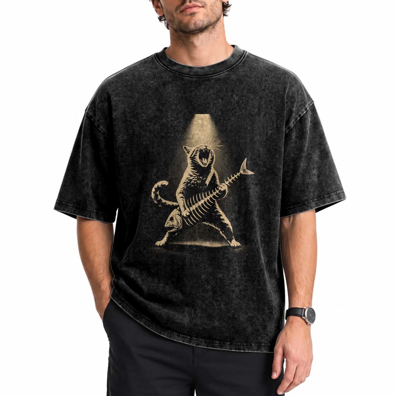 Rocker Cat Playing Fishbone Guitar Heavy Metal Musician Graphic Washed Cotton T-Shirt