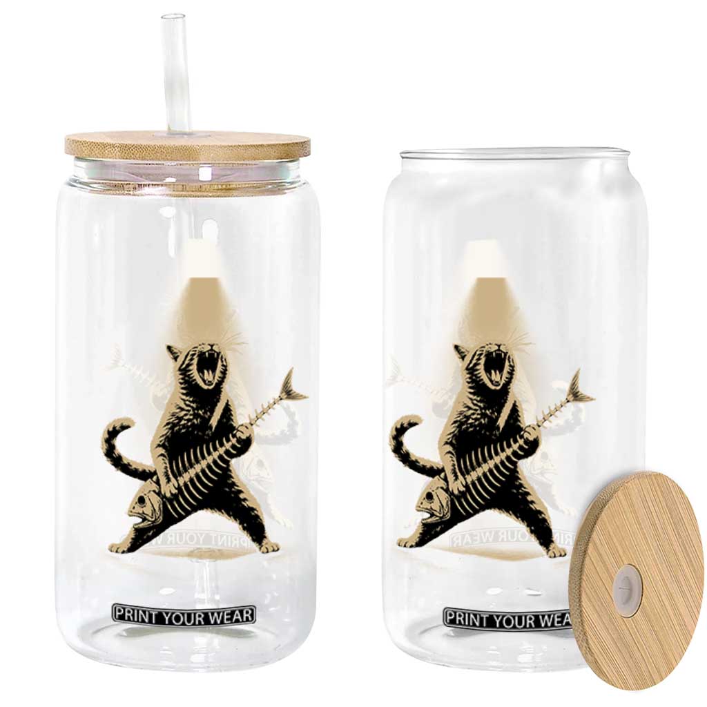 Rocker Cat Playing Fishbone Guitar Heavy Metal Musician Graphic Glass Can