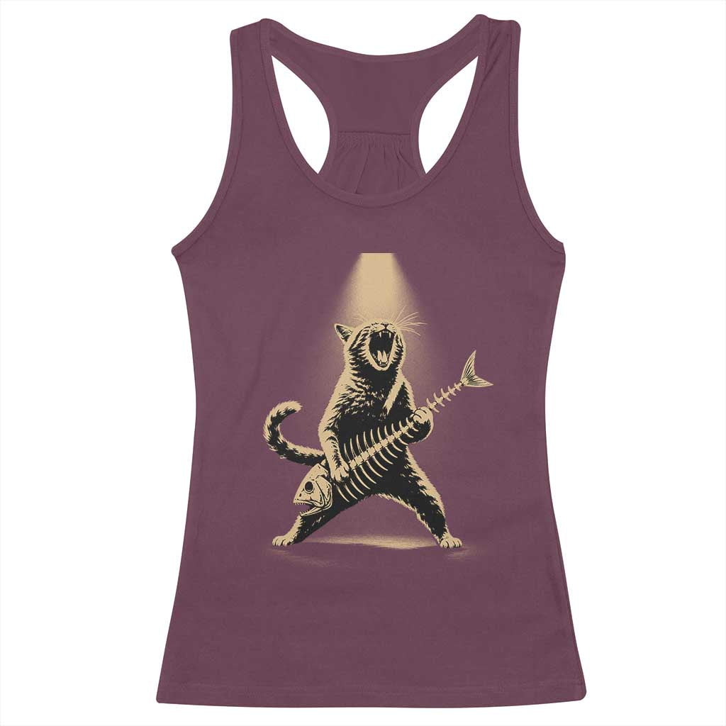 Rocker Cat Playing Fishbone Guitar Heavy Metal Musician Graphic Racerback Tank Top