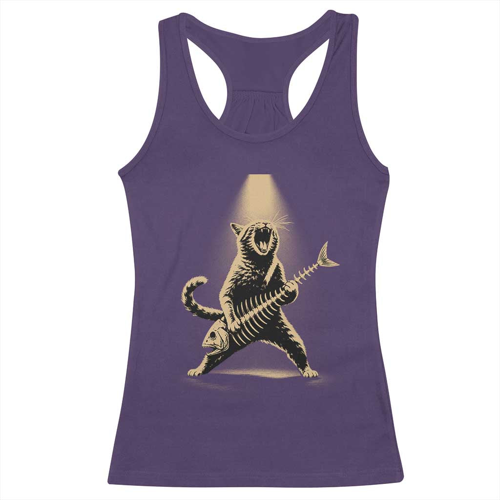 Rocker Cat Playing Fishbone Guitar Heavy Metal Musician Graphic Racerback Tank Top