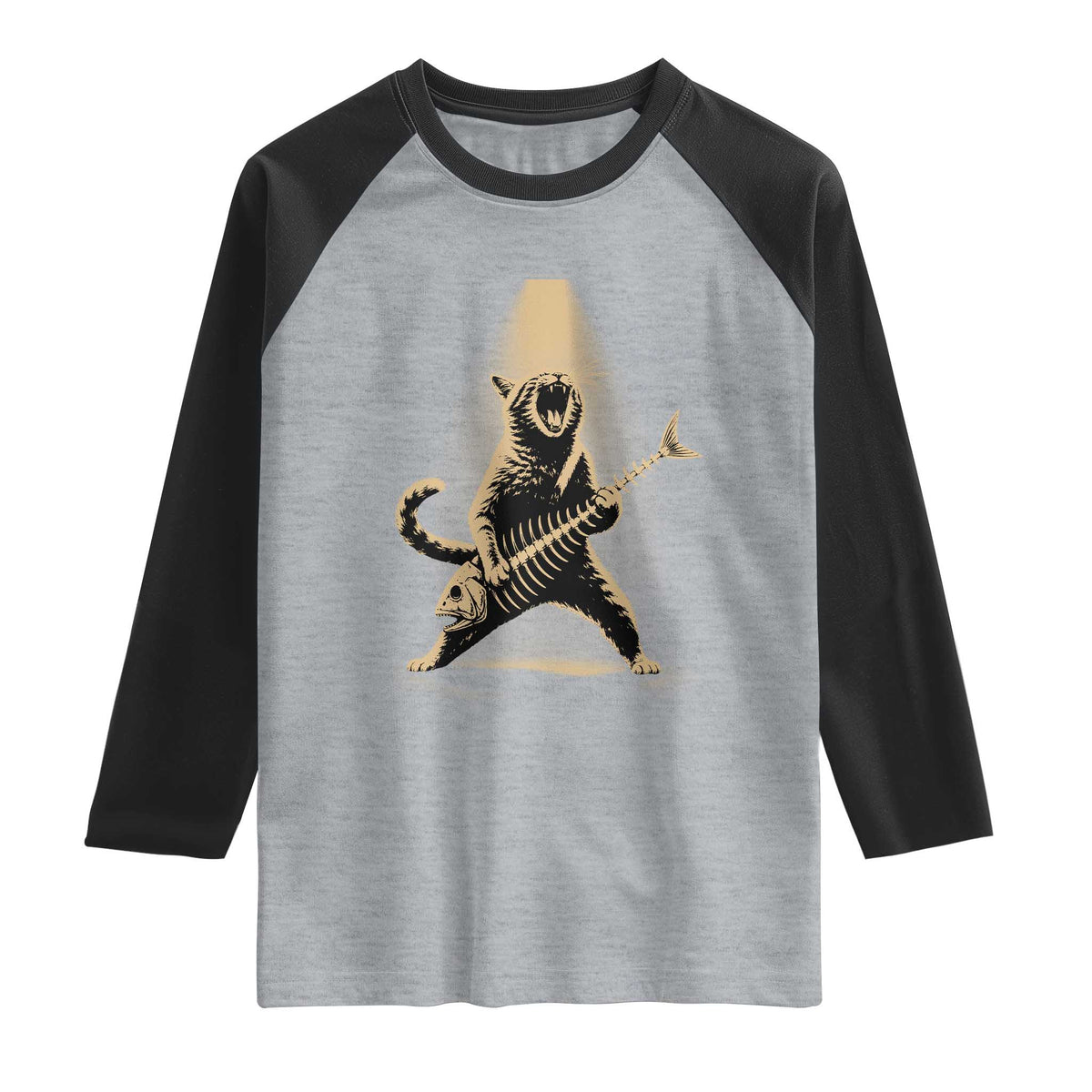 Rocker Cat Playing Fishbone Guitar Heavy Metal Musician Graphic Raglan Shirt