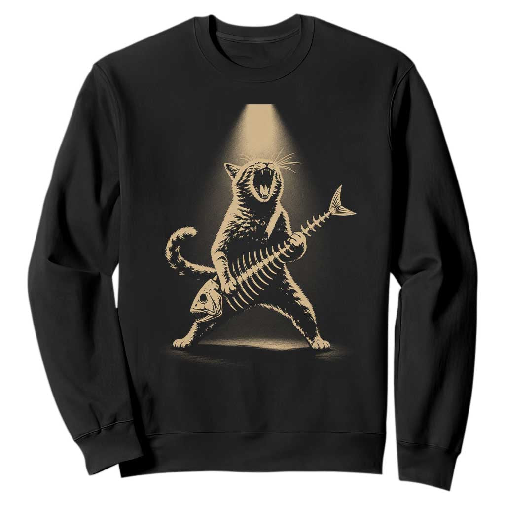 Rocker Cat Playing Fishbone Guitar Heavy Metal Musician Graphic Sweatshirt