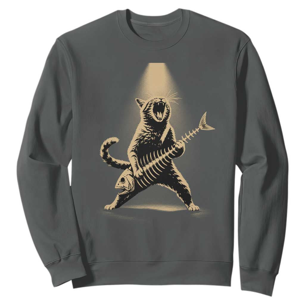Rocker Cat Playing Fishbone Guitar Heavy Metal Musician Graphic Sweatshirt