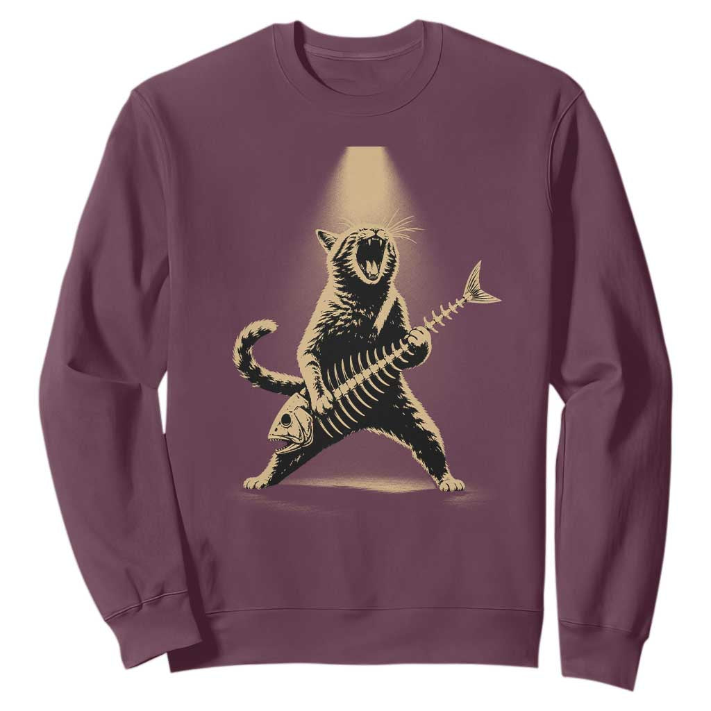 Rocker Cat Playing Fishbone Guitar Heavy Metal Musician Graphic Sweatshirt