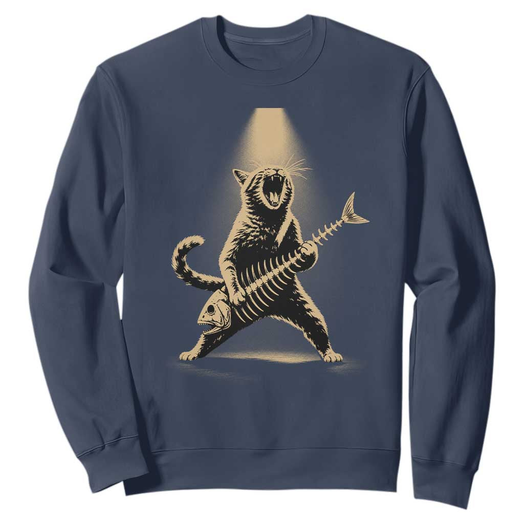 Rocker Cat Playing Fishbone Guitar Heavy Metal Musician Graphic Sweatshirt