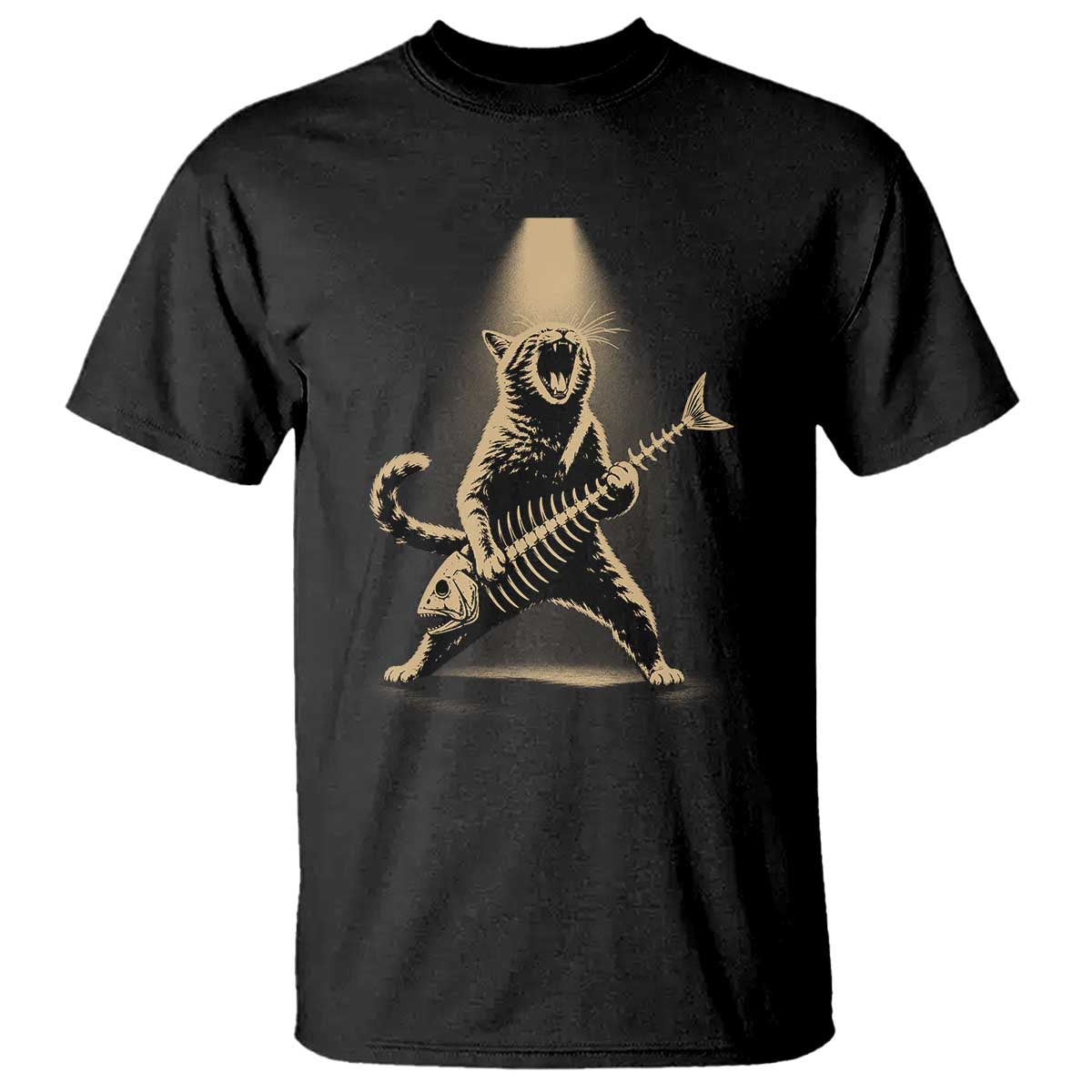 Rocker Cat Playing Fishbone Guitar Heavy Metal Musician Graphic T Shirt