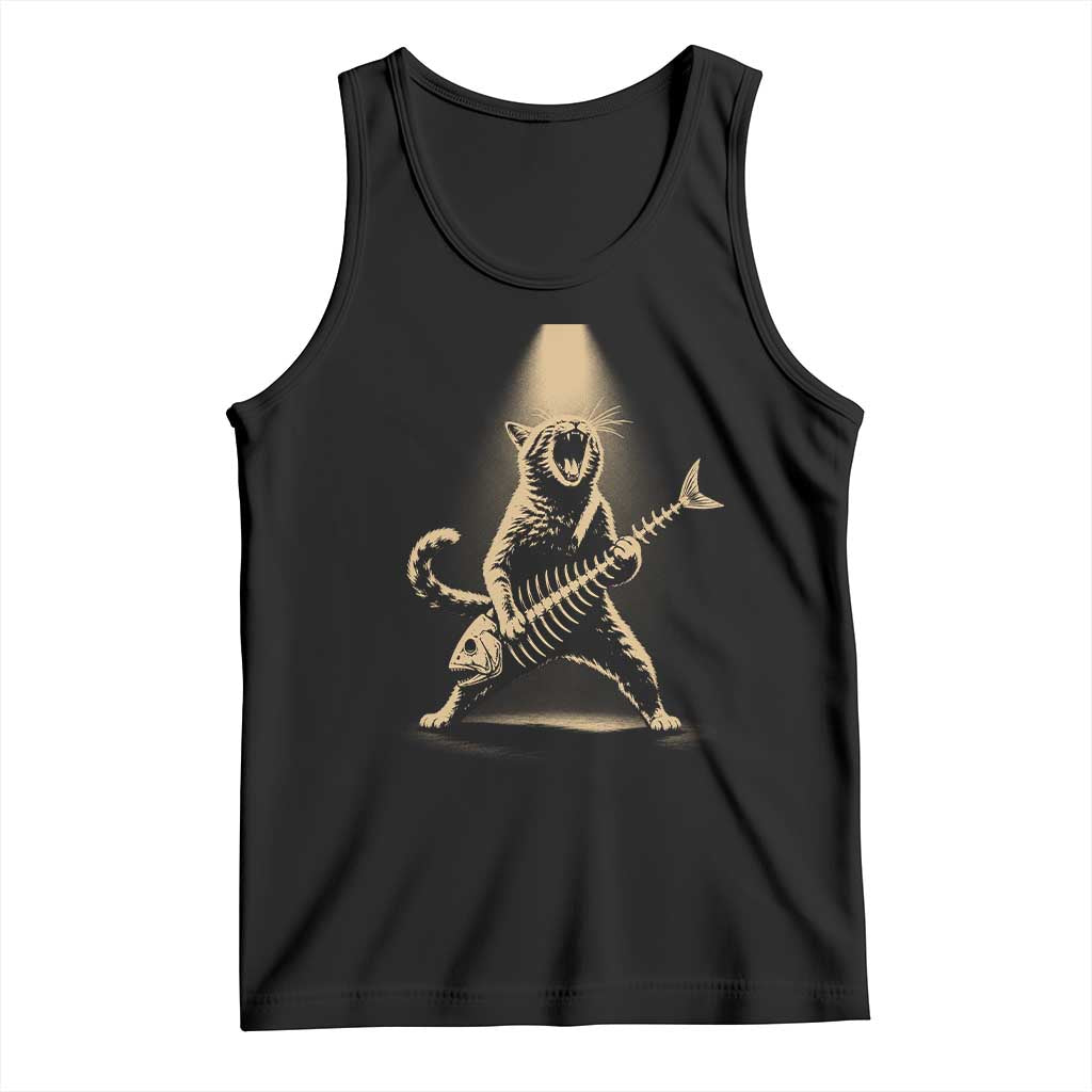 Rocker Cat Playing Fishbone Guitar Heavy Metal Musician Graphic Tank Top