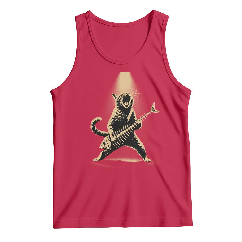 Rocker Cat Playing Fishbone Guitar Heavy Metal Musician Graphic Tank Top