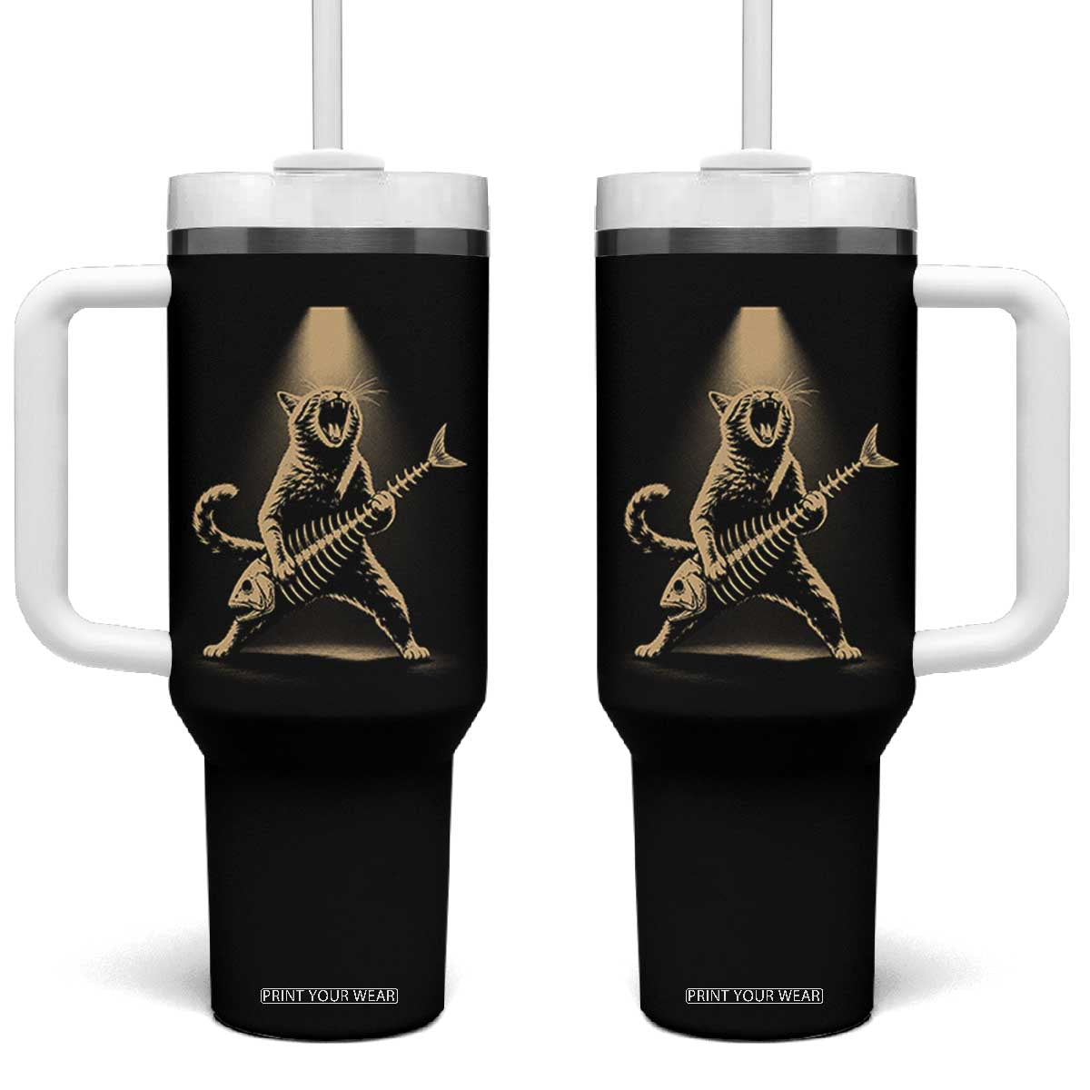 Rocker Cat Playing Fishbone Guitar Heavy Metal Musician Graphic Tumbler With Handle