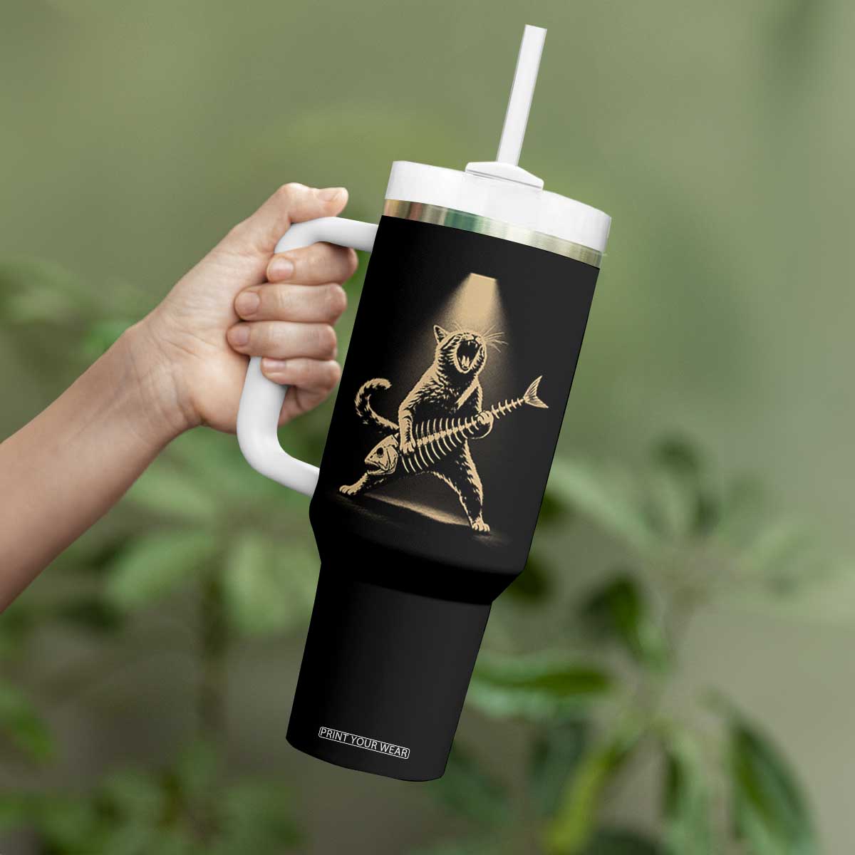 Rocker Cat Playing Fishbone Guitar Heavy Metal Musician Graphic Tumbler With Handle