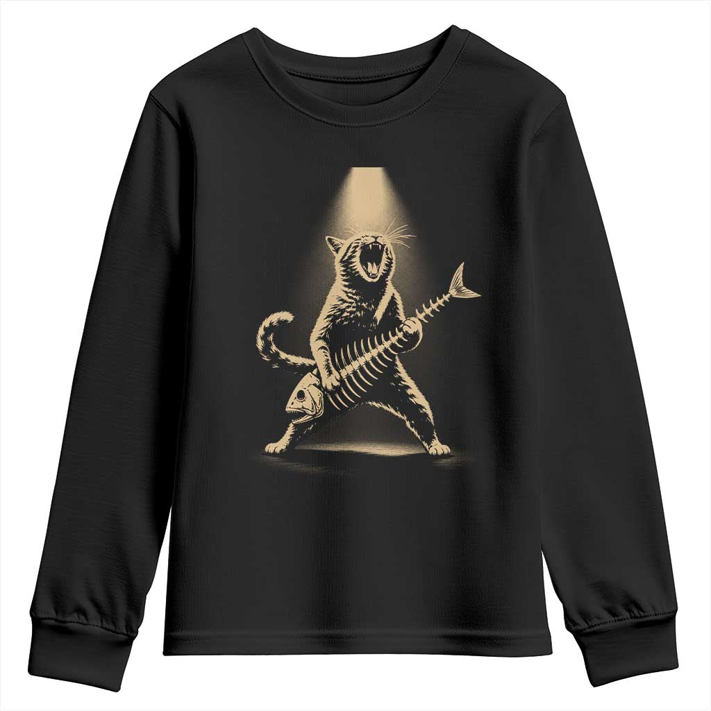 Rocker Cat Playing Fishbone Guitar Heavy Metal Musician Graphic Youth Sweatshirt